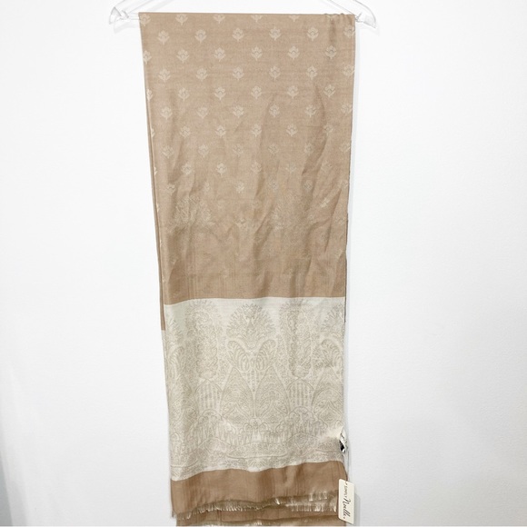 Simply Noelle Pashmina Floral Paisley Scarf Silk Blend Fringe Tan Cream NEW - Picture 5 of 9